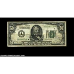 Fr. 2100-D* $50 1928 Federal Reserve Note. Very Fine.A very scarce early high denomination star.  Im