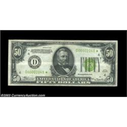 Fr. 2102-D* $50 1934 Light Green Seal Federal Reserve Note. Extremely Fine.A very rare note, with on