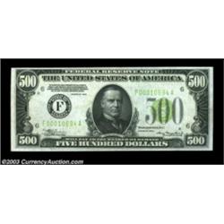 Fr. 2201-F $500 1934 Light Green Seal Federal Reserve Note. Choice Crisp Uncirculated.The top margin