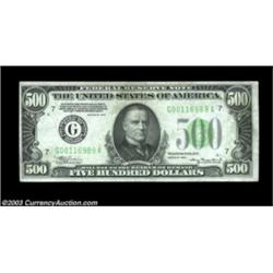 Fr. 2201-G $500 1934 Federal Reserve Note. About Uncirculated.A single vertical fold and a broad cor