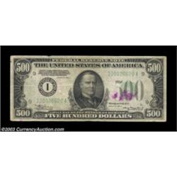 Fr. 2202-I $500 1934A Federal Reserve Note. Fine+.This Minneapolis district note has some writing on
