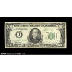 Fr. 2202-J $500 1934A Federal Reserve Note. Fine.A little minor fraying at the edges, a couple of sm