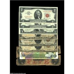 A Mixed Group of Notes, Including:$2 1963 Legals (2) AU$1 1935E Silver CU$20 1929 FRBN Minneapolis F
