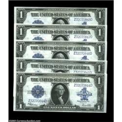 Fr. 237 $1 1923 Silver Certificate Choice About New. Five notes from the same short serial-number ru