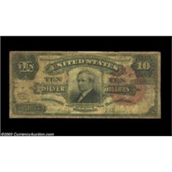 Fr. 294 $10 1886 Silver Certificate Very Good. This early Tombstone has seen a great deal of circula