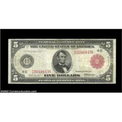 Fr. 835b $5 1914 Red Seal Federal Reserve Note Very Fine. A problem-free, totally natural note with