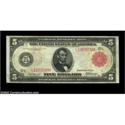 Fr. 843b $5 1914 Red Seal Federal Reserve Note Choice Very Fine. Fewer than 20 examples of this numb