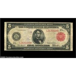 Fr. 843b $5 1914 Red Seal Federal Reserve Note Fine. A scarce San Francisco Red Seal Five. Fewer tha