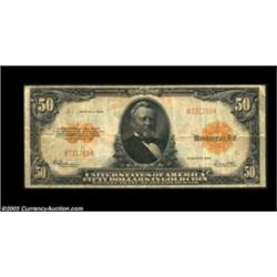 Fr. 1200a $50 1922 Gold Certificate Very Fine. This is the scarcer variety with the small serial num
