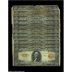 Eleven Fr. 1187s. One or two have flaws, but most of these Gold Certificates are solid, problem-free