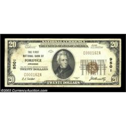 Fordyce, AR - $20 1929 Ty. 1 First NB Ch. # 9501This bank was the only issuer in Dallas County, and