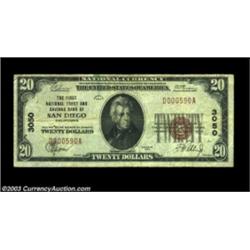 San Diego, CA - $20 1929 Ty. 1 The First NT & SB Ch. # 3050Pleasing Fine-Very Fine, with a few pin h