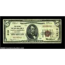 Santa Barbara, CA - $5 1929 Ty. 1 First NT & SB Ch. # 2104A nice Fine+++ small example from this alw