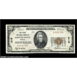 Greencastle, IN - $20 1929 Ty. 1 The First NB Ch. # 219A lovely note which is the nicest small note