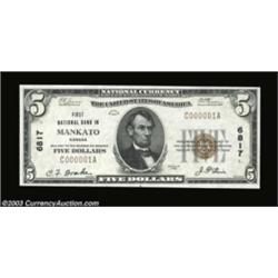 Mankato, KS - $5 1929 Ty. 1 First NB Ch. # 6817A bright, fresh and lovely serial number 1 example. G
