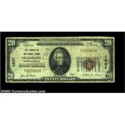 Franklin, MA - $20 1929 Ty. 1 The Franklin NB Ch. # 1207A tough note from one of the state's least p