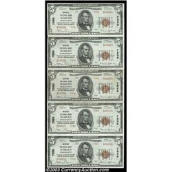 Woburn, MA - $5 1929 Ty. 2 Woburn NB Ch. # 7550A uncut strip of five notes, missing only the number