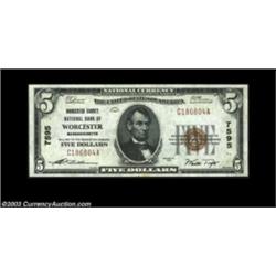 Worcester, MA - $5 1929 Ty. 1 Worcester County NB Ch. # 7595A common bank, but by no means an easy n