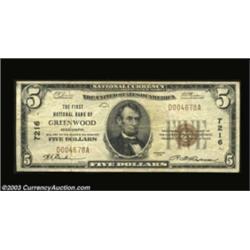 Greenwood, MS - $5 1929 Ty. 1 The First NB Ch. # 7216An evenly circulated Fine-Very Fine example.  I