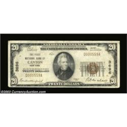 Canton, NY - $20 1929 Ty. 1 The First NB Ch. # 3696A small note from what is by a slight margin the