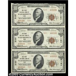 Wapakoneta, OH - $10 1929 Ty. 2 The First NB Ch. # 3157 Uncut Strip of ThreeAn uncut strip of three