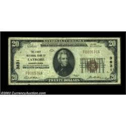 Latrobe, PA - $20 1929 Ty. 1 The First NB Ch. # 3831An evenly circulated Fine+ example.  Important n