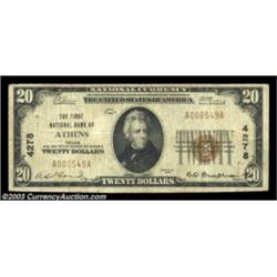 Athens, TX - $20 1929 Ty. 1 First NB Ch. # 4278A nice small size example from this scarce bank that