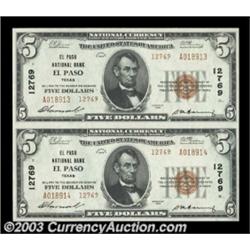 El Paso, TX - $5 1929 Ty. 2 El Paso NB Ch. # 12769 Uncut PairA lovely uncut pair of Type 2 fives. Ge