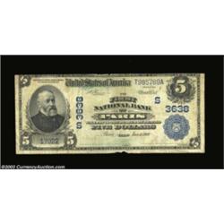 Paris, TX - $5 1902 Date Back Fr. 592 First NB Ch. # 3638Despite some minor fraying at the top and b