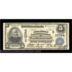 Richmond, VA - $5 1902 Plain Back Fr. 603 The Broadway NB Ch. #(S)10344This Very Fine note is from a