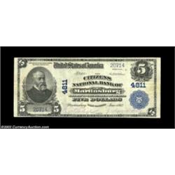 Martinsburg, WV - $5 1902 Plain Back Fr. 602 The Citizens NB Ch. # 4811A nice Very Fine from one of