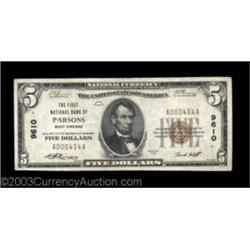 Parsons, WV - $5 1929 Ty. 1 The First NB of Parsons Ch. # 9610A nice middle grade circulated piece f
