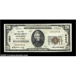Philippi, WV - $20 1929 Ty. 1 The First NB Ch. # 6302This Barbour County bank printed only Type 1 $1