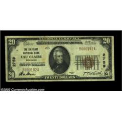 Eau Claire, WI - $20 1929 Ty. 1 The Eau Claire NB Ch. # 2759An elusive bank which went out in 1931,