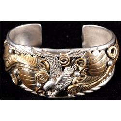 Navajo Signed Sterling Silver And Gold Eagle Cuff
