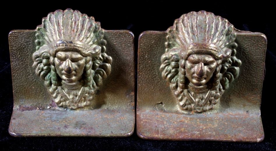 Vintage Cast Brass Indian Head Bookends
