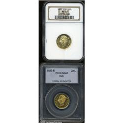 Umberto gold 20 Lire 1882, two pieces,