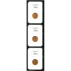 Wilhelmina Gold 10 Gulden 1917 lot of 3, MS64 NGC.