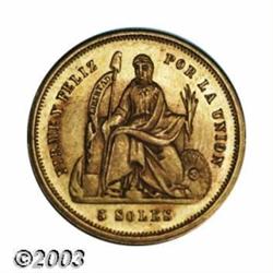Republic gold 5 Soles 1863YB,