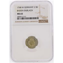 1768-W Germany Baden-Durlach 2.5K Silver Coin NGC Graded MS65