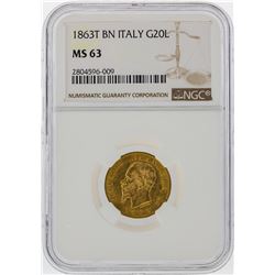 1863T BN Italy 20 Lire Gold Coin NGC Graded MS63