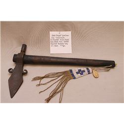 Hand Forged Spontoon Pipe Tomahawk-File Branded-Brass Tacked-Bone Mouthpiece-Beaded Blackfoot Bucksk