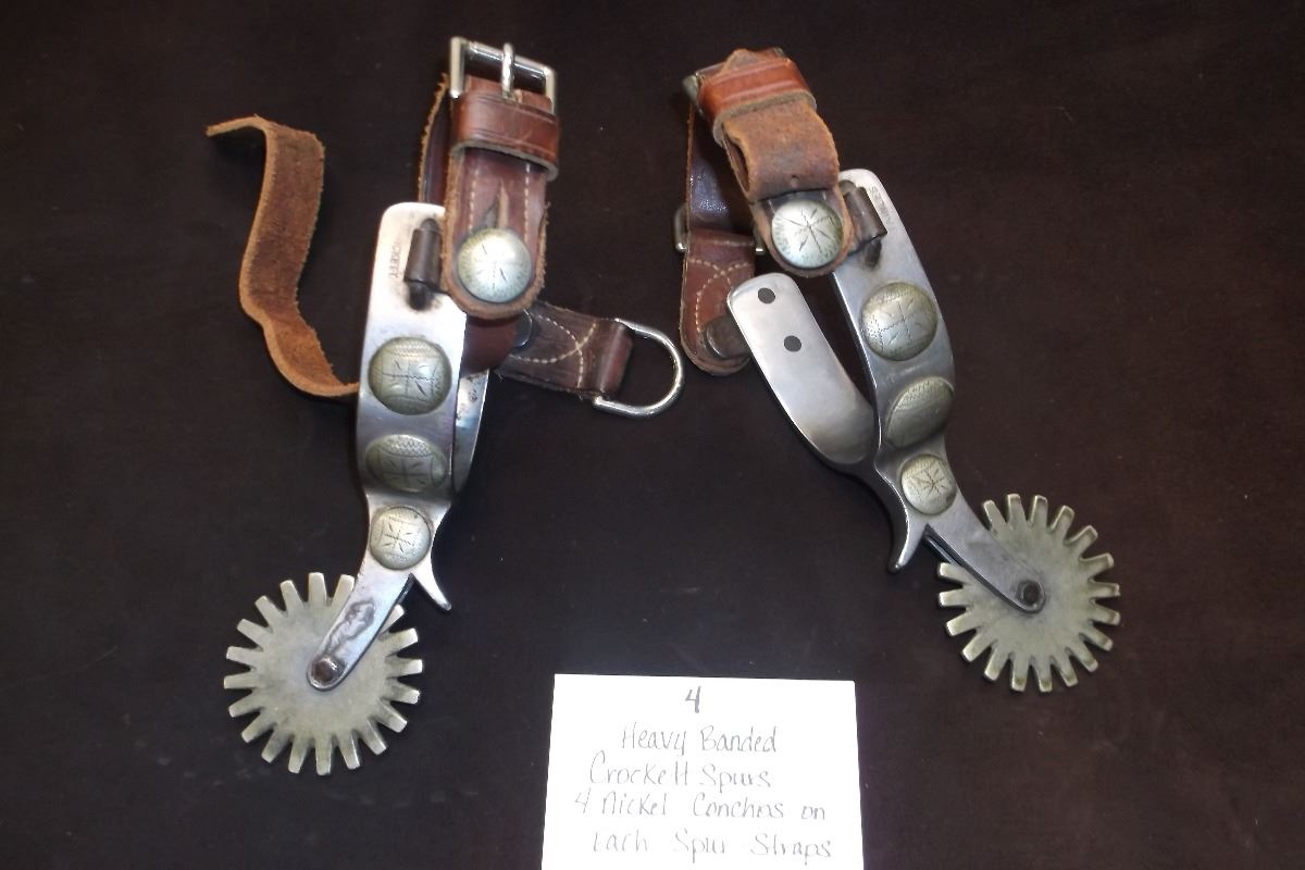 Heavy Banded Crockett Spurs 4 Nickel Conchos on Each SpurStraps