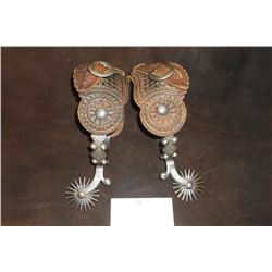 F. Schultz 147 Silver Inlaid Drop Shank Spurs- Barrel Chap Guards- F. Shultz Spur Straps- Etched on 