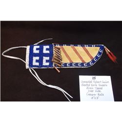 Unmarked Robert Guion Beaded Knife Sheath- Brain Tanned Deer Hide- Copper Bells- 10" X 3"