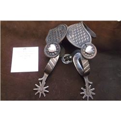 Heavy Banded Crockett Silver Overlaid Spurs- Heart Buttons- Straps