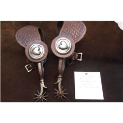 Inside Marked Mike Morales Silver Inlaid Spurs- Drop Shank- Heart Conhcos on Straps