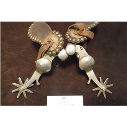 Crockett Silver Overlaid Spurs- Frontier Pattern- Weldon Straps With Conchos and Dots