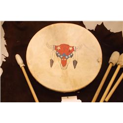 Marked Drum Bros. Hand Drum- 4 Leather Tipped Drum Sticks- 19" Across