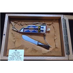 Larry Miller Full Tang Knife- Unmarked Robert Guion Beaded Sheath- Mounted on Deer Hide in Oak Box 1